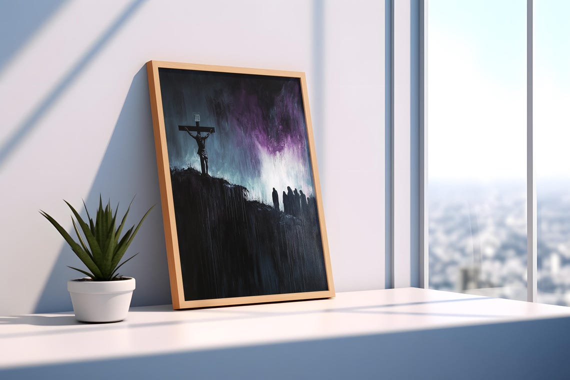 Crucifixion Cross Silhouette On Cliff Purple Stormy Sky Art Poster - Image 4