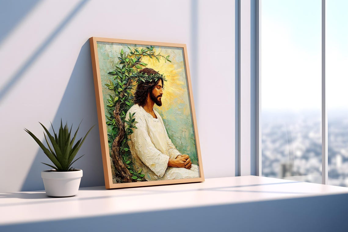Jesus Praying By Tree Golden Halo Light Peaceful Oil Painting Poster - Image 3