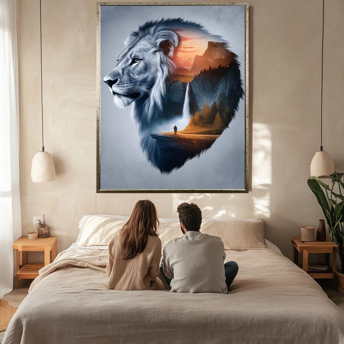 Lion Silhouette Mountain Sunset Waterfall Double Exposure Art Poster - Image 2
