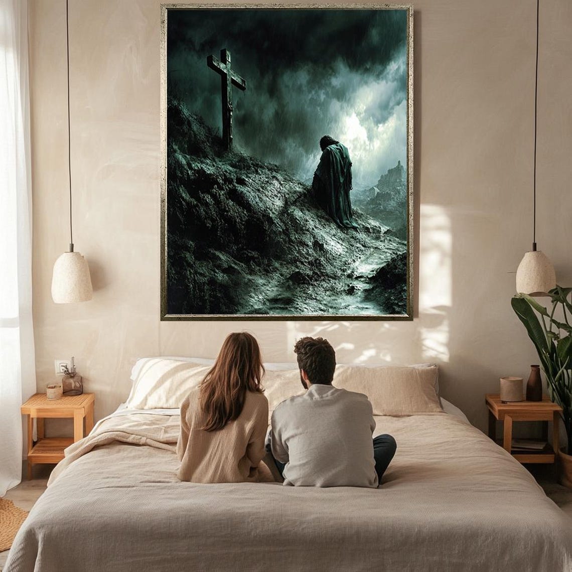 Jesus Approaching The Cross On Stormy Dark Mountain Rock Art Poster - Image 2