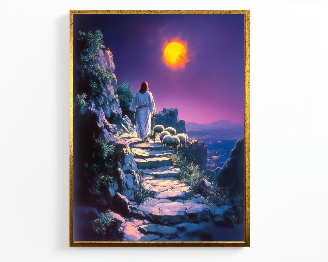 Jesus The Good Shepherd Leading Sheep Mountain Path Sunset Wall Art - Image 4