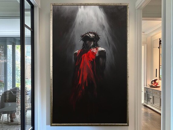 Jesus Crown Of Thorns Dramatic Red Robe Heavenly Light Religious Poster