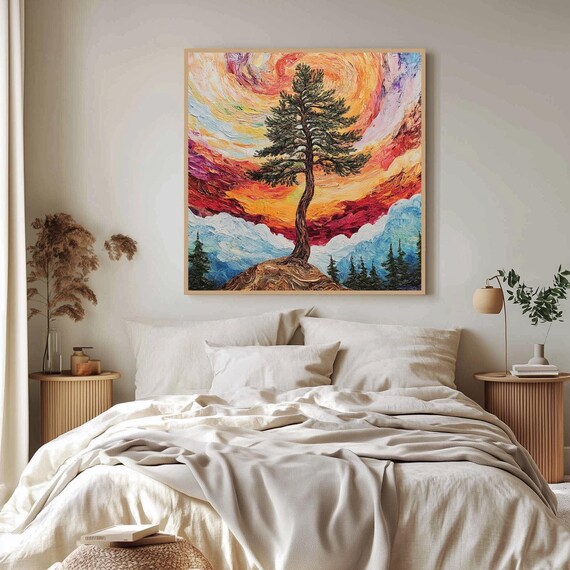 Surreal Tree And Swirling Sunset Art Vibrant Landscape Painting Nature Inspired Wall Decor Dreamy Forest Scene