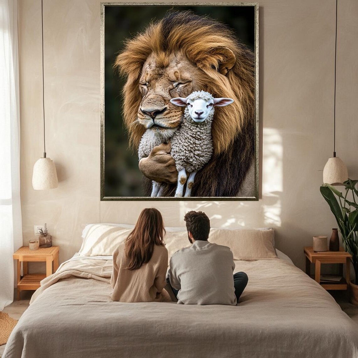 Lion Holding Lamb Gentle Embrace Faith Symbolic Wildlife Portrait Print - Image 2