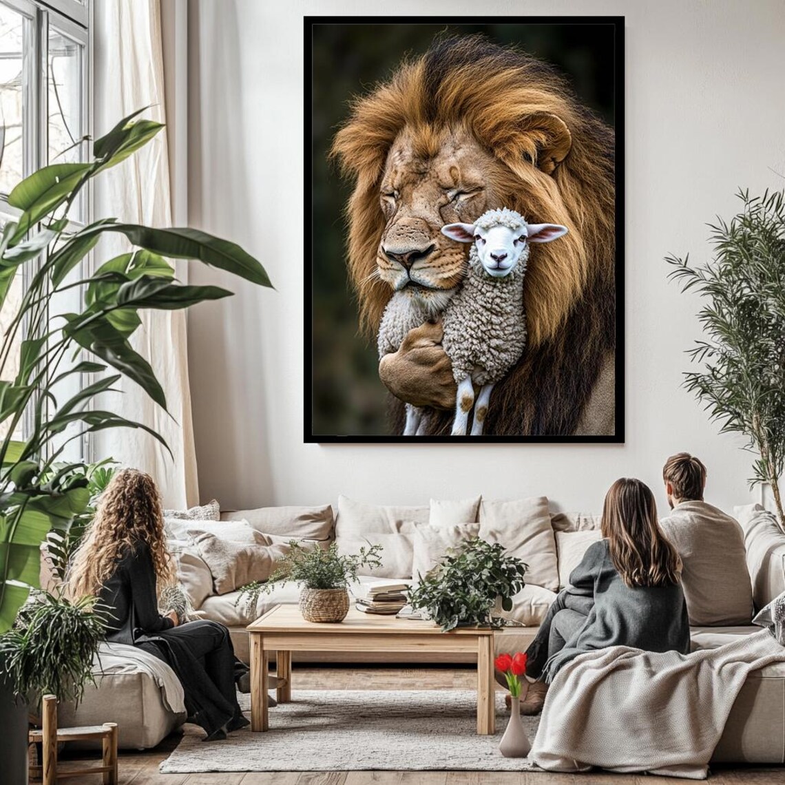 Lion Holding Lamb Gentle Embrace Faith Symbolic Wildlife Portrait Print - Image 3