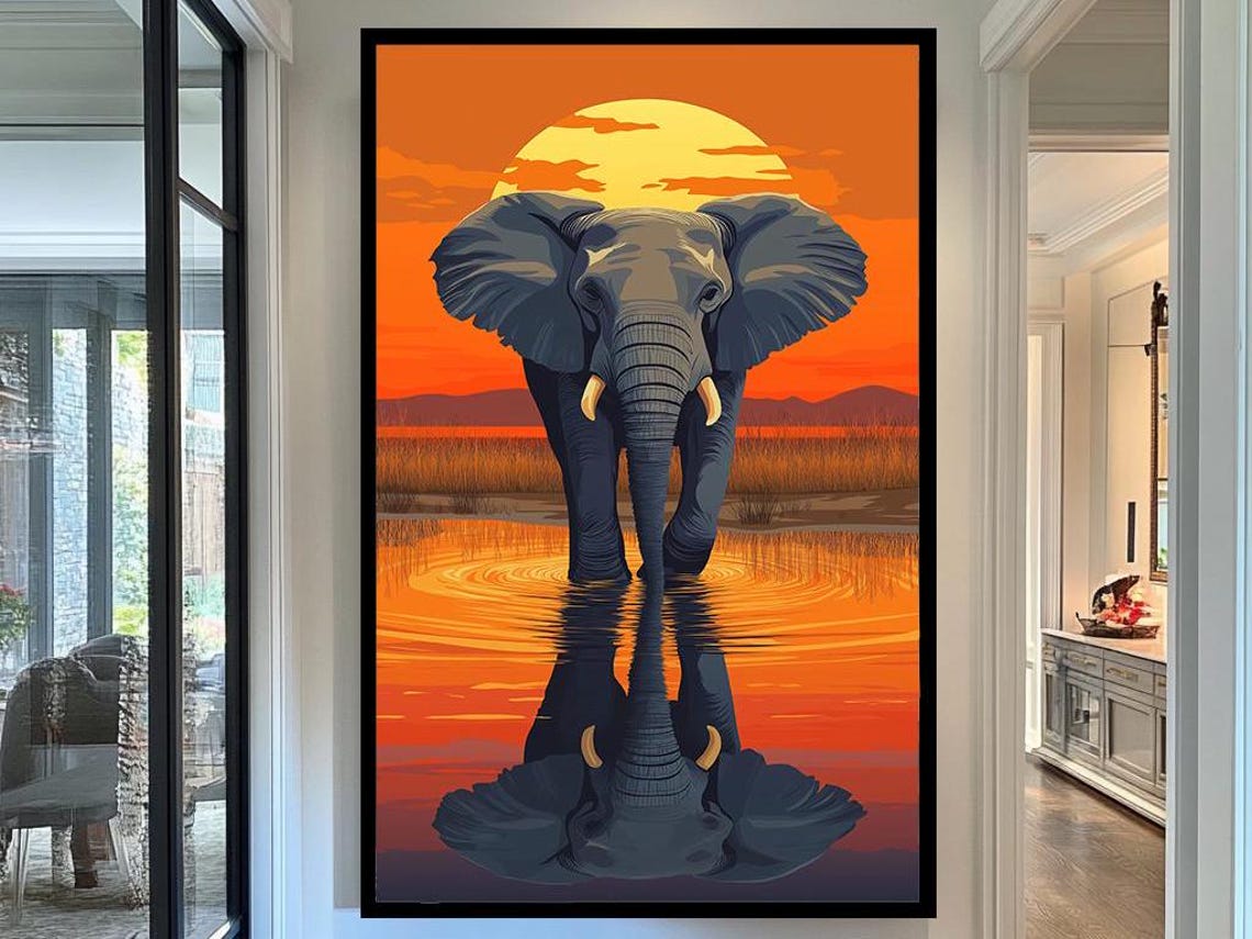 Elephant Sunset Savanna Orange Sun Water Reflection Wildlife Poster