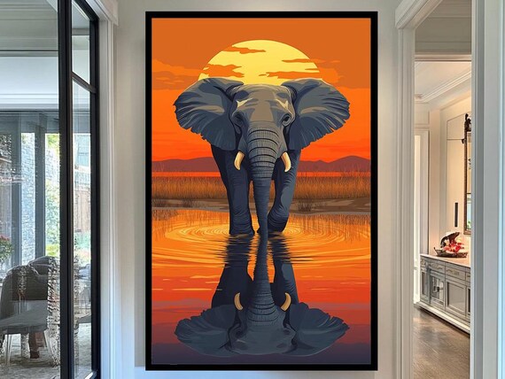 Elephant Sunset Savanna Orange Sun Water Reflection Wildlife Poster