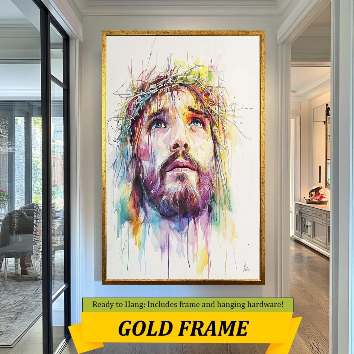 Jesus Wearing Crown Of Thorns Colorful Watercolor Looking Up Poster - Image 5