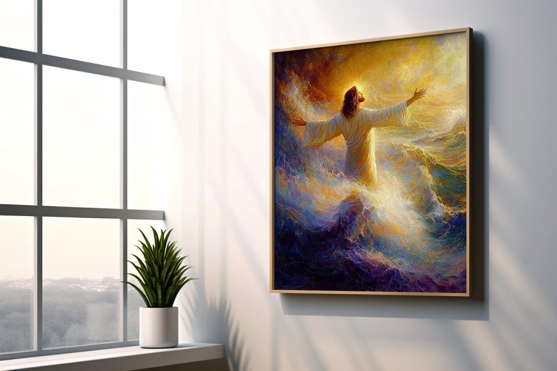 Jesus Walking On Water Colorful Waves Biblical Miracle Art Print - Image 4