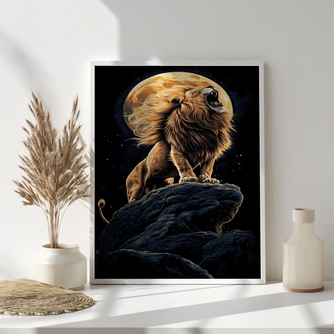 Roaring Lion On Rocky Summit Before Giant Golden Full Moon Poster - Image 5