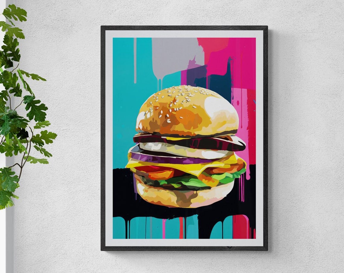 Juicy Burger Graffiti Style Pop Art Black Pink Drip Kitchen Poster - Image 3