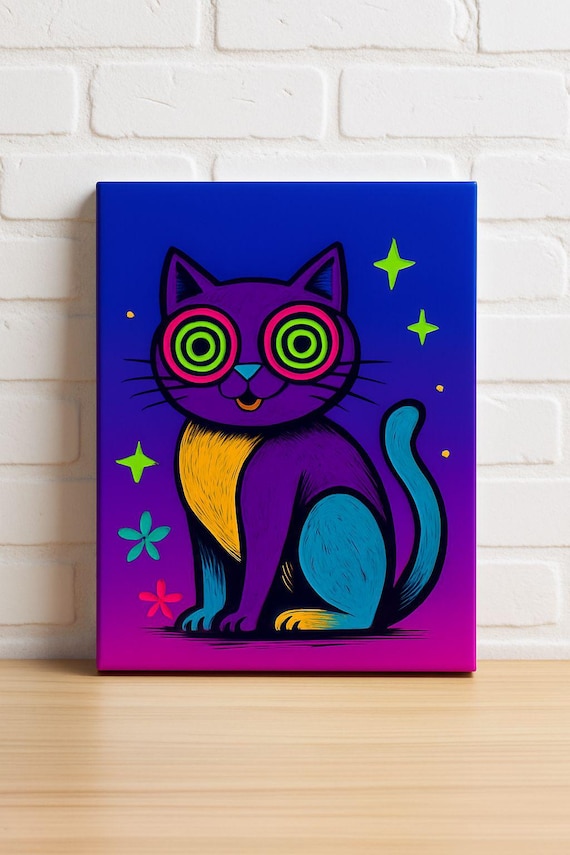Neon Trippy Cat Swirl Eyes Psychedelic Sparkle Pop Art Kitty Poster