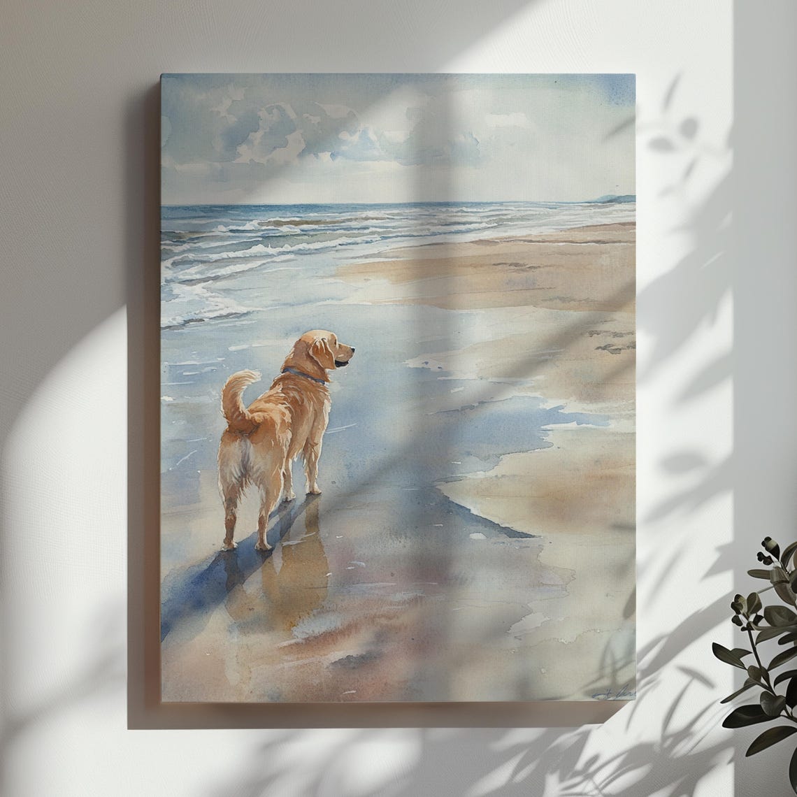 Golden Retriever Standing On Beach Ocean Watercolor Dog Art Poster
