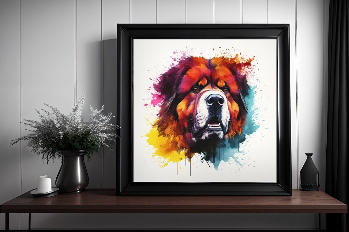 Fiery Tibetan Mastiff Watercolor Splatter Dog Portrait Poster