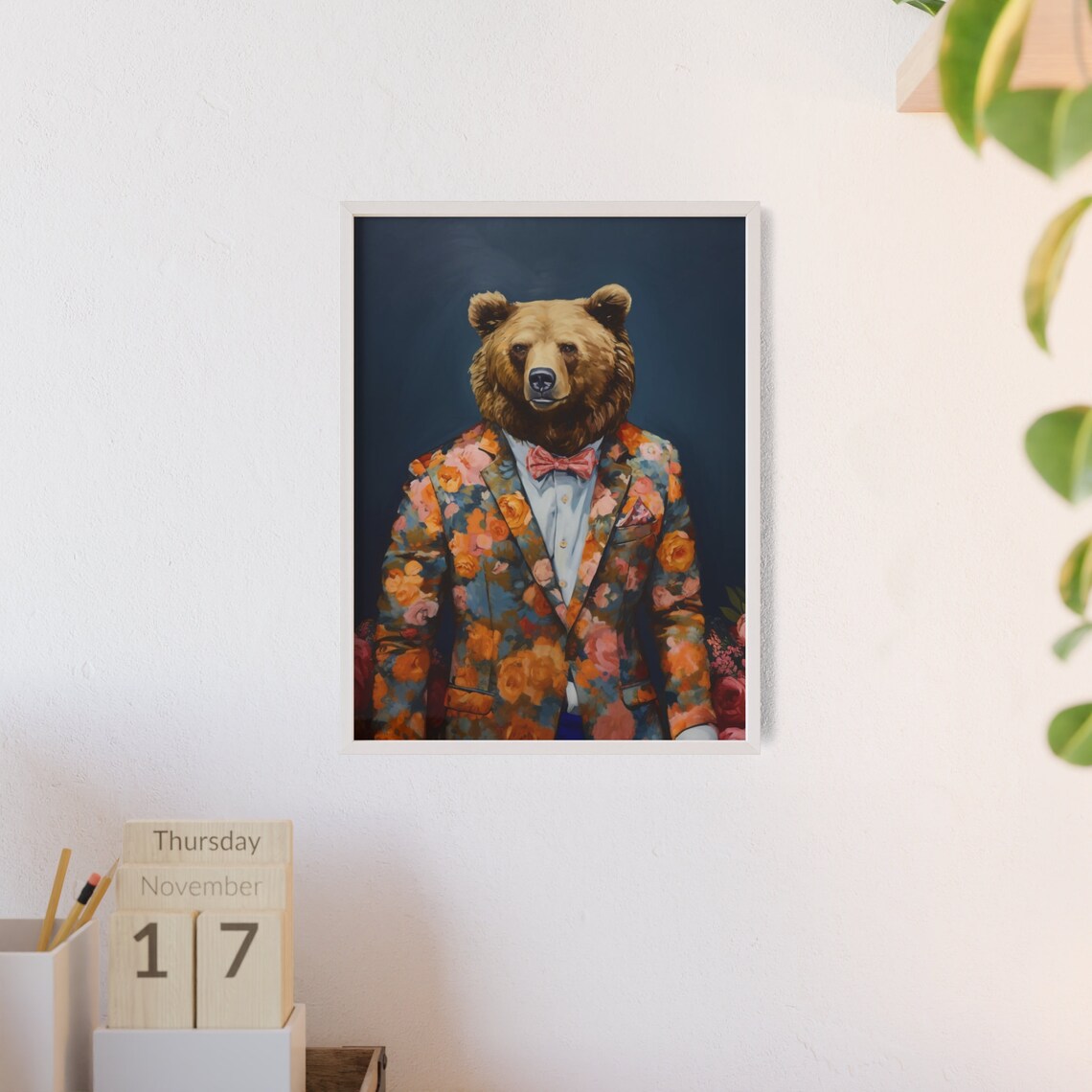 Grizzly Bear in a Multicolor Floral Suit with Pink Bow Tie Poster - Image 2