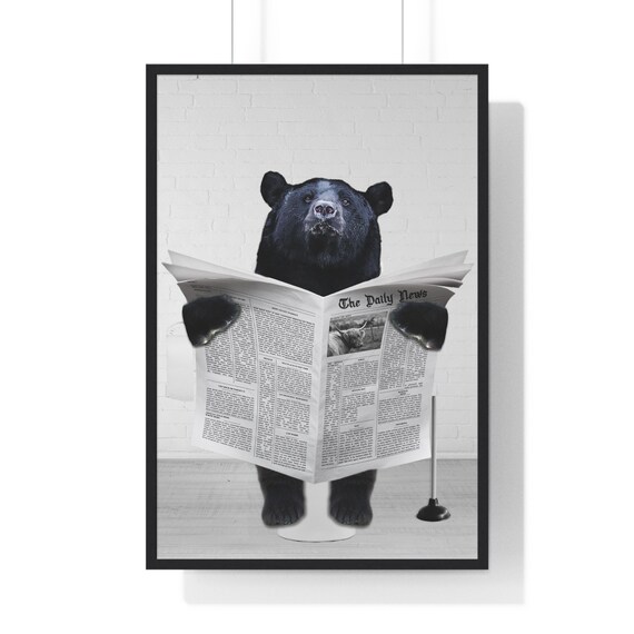Black Bear Reading the News on the Toilet Funny Bathroom Poster
