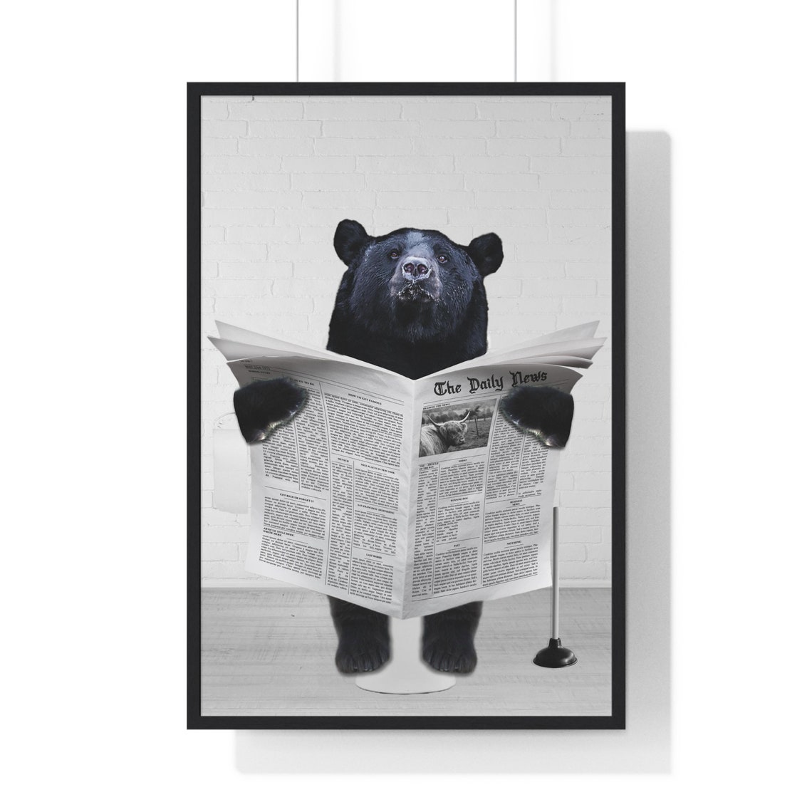 Black Bear Reading the News on the Toilet Funny Bathroom Poster