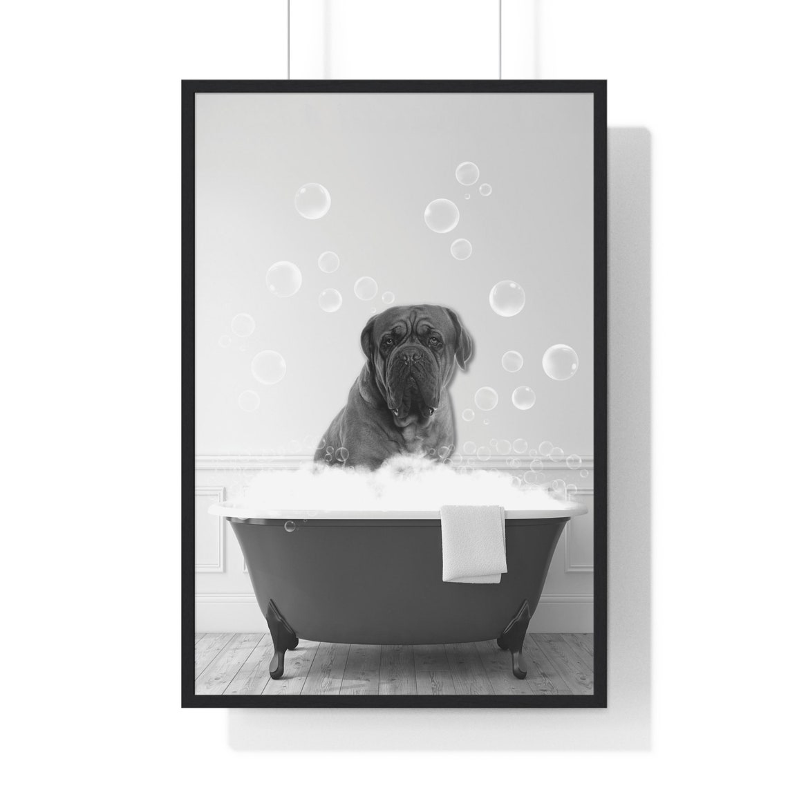 French Mastiff In Bubble Bath Black And White Bathroom Poster