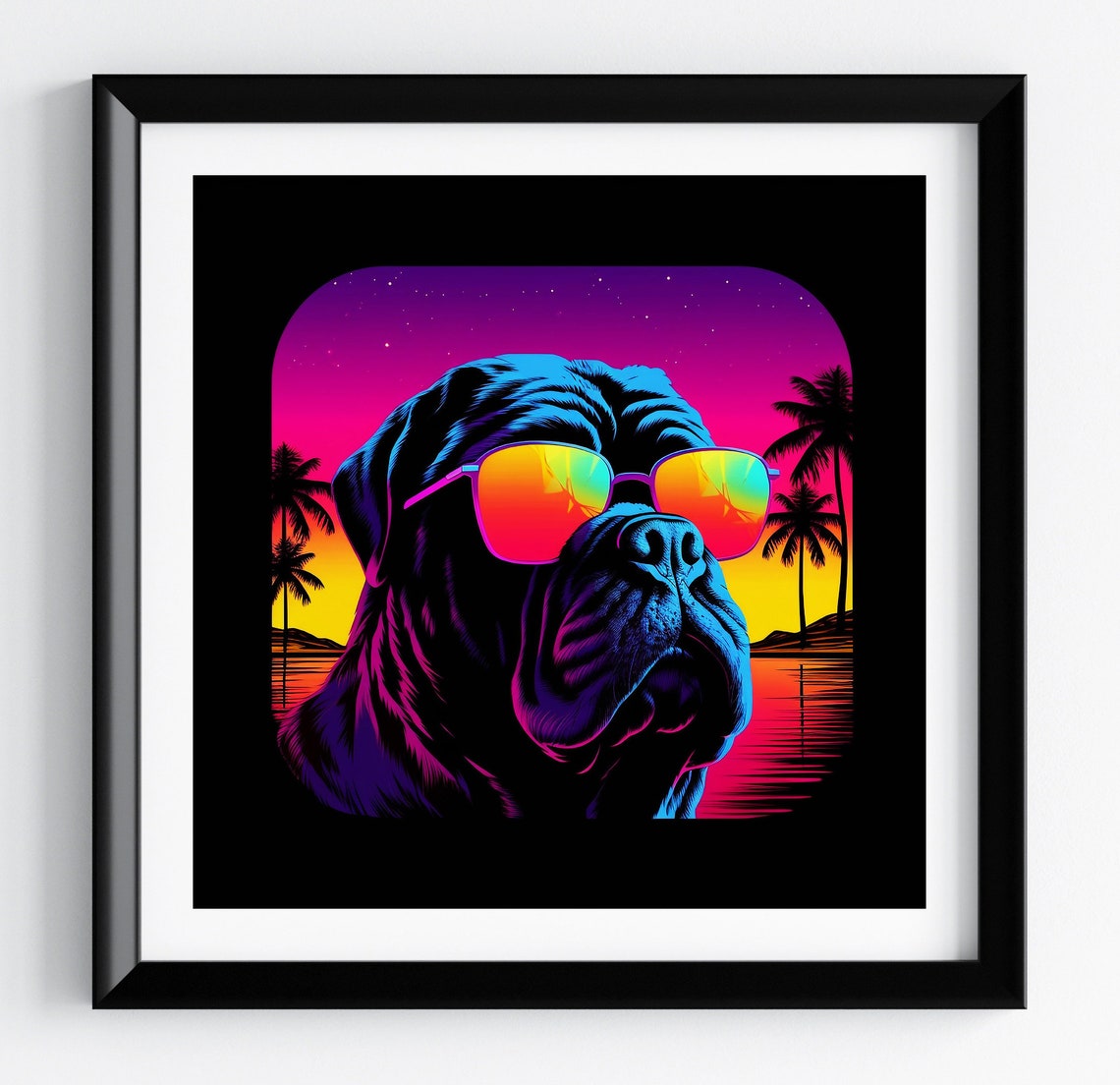 Neapolitan Mastiff Retro 80s Synthwave Sunset Pet Portrait Poster