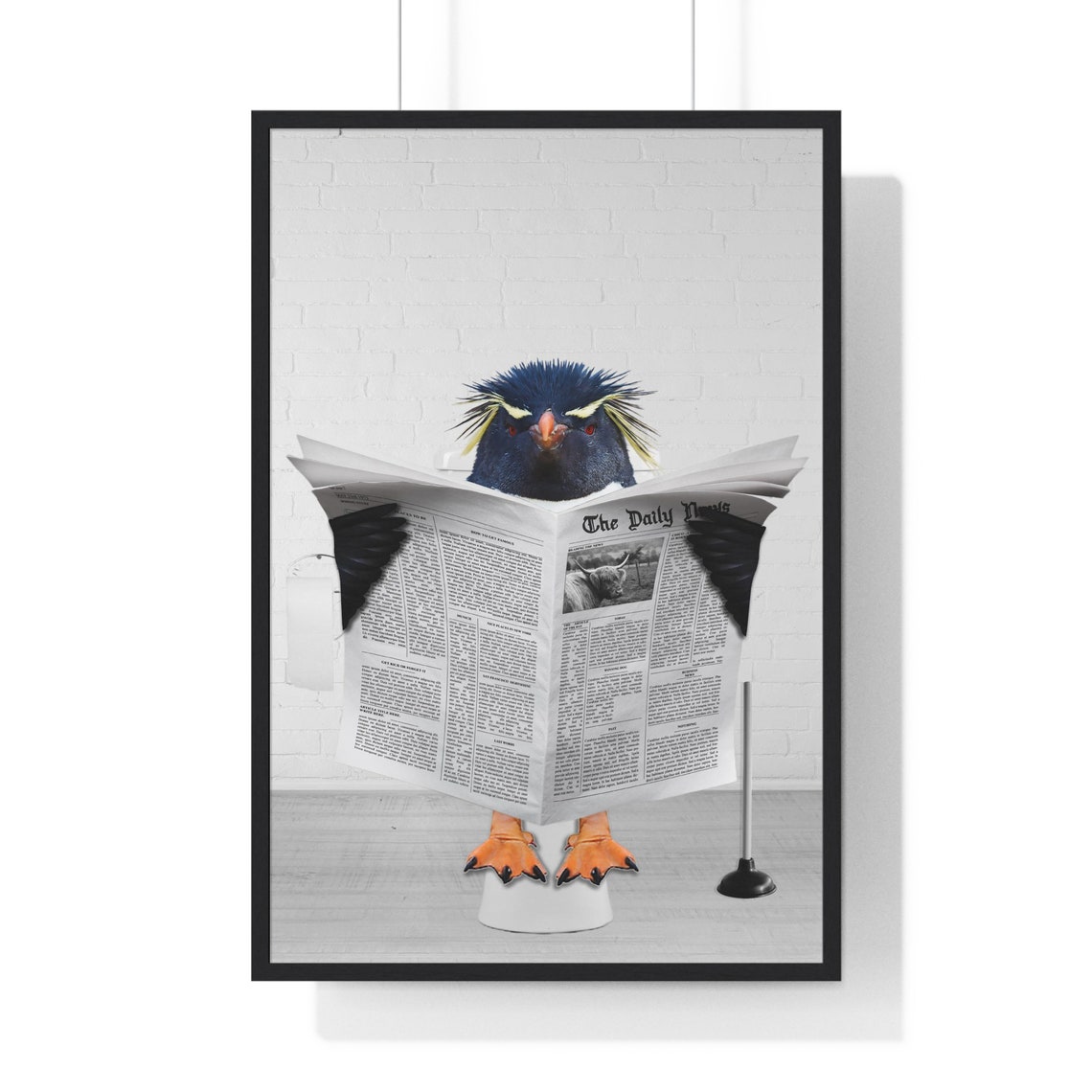 Rockhopper Penguin Reading Newspaper Funny Bathroom Art Poster