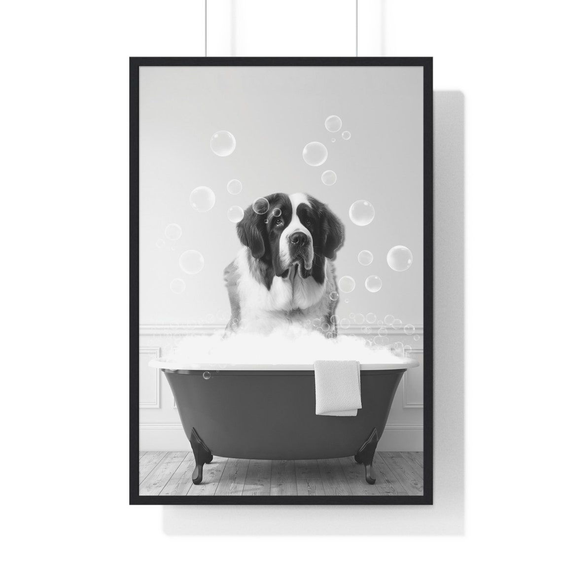 Saint Bernard Dog in a Bubble Bath Black and White Funny Poster