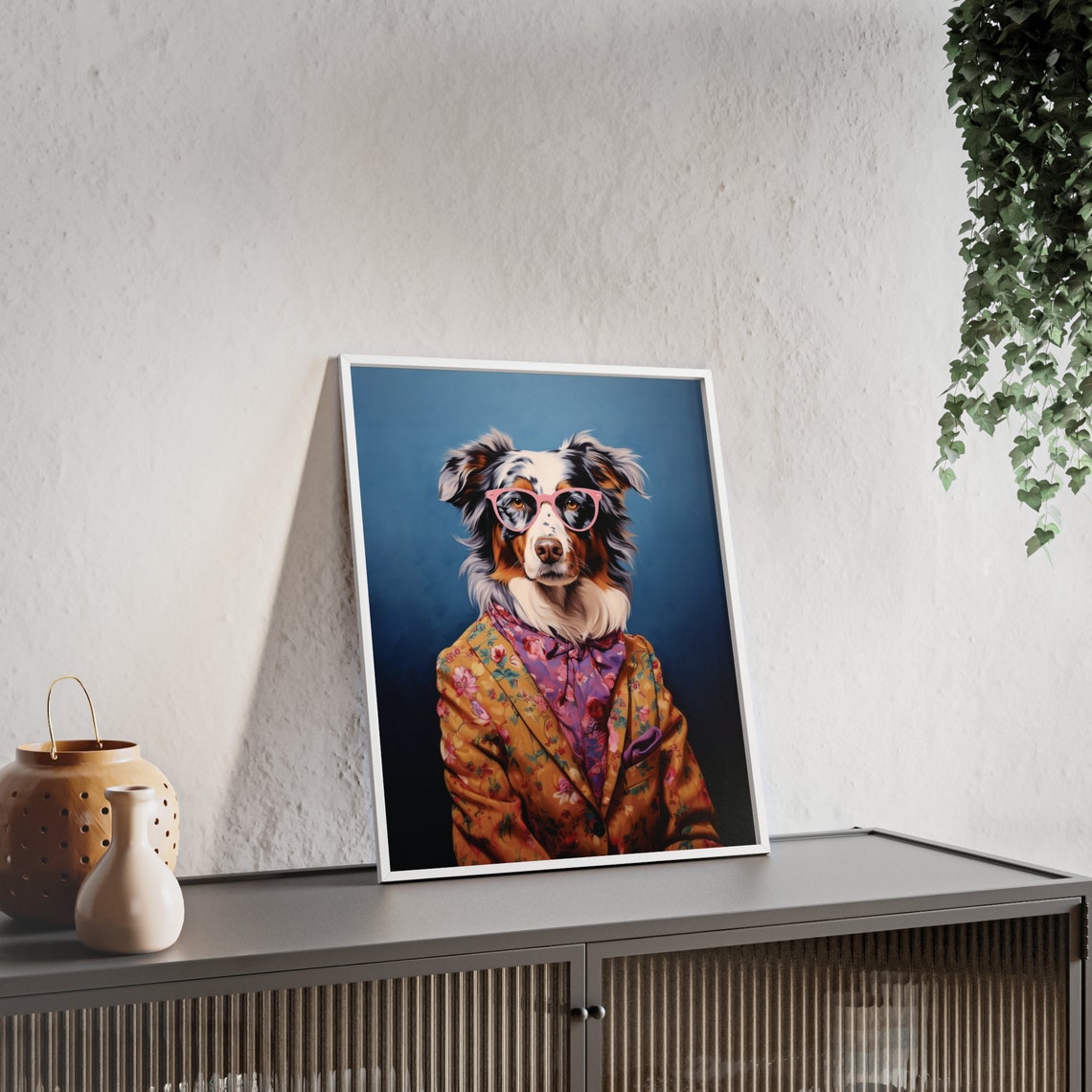 Australian Shepherd In Pink Glasses Floral Suit Funny Wall Poster - Image 2