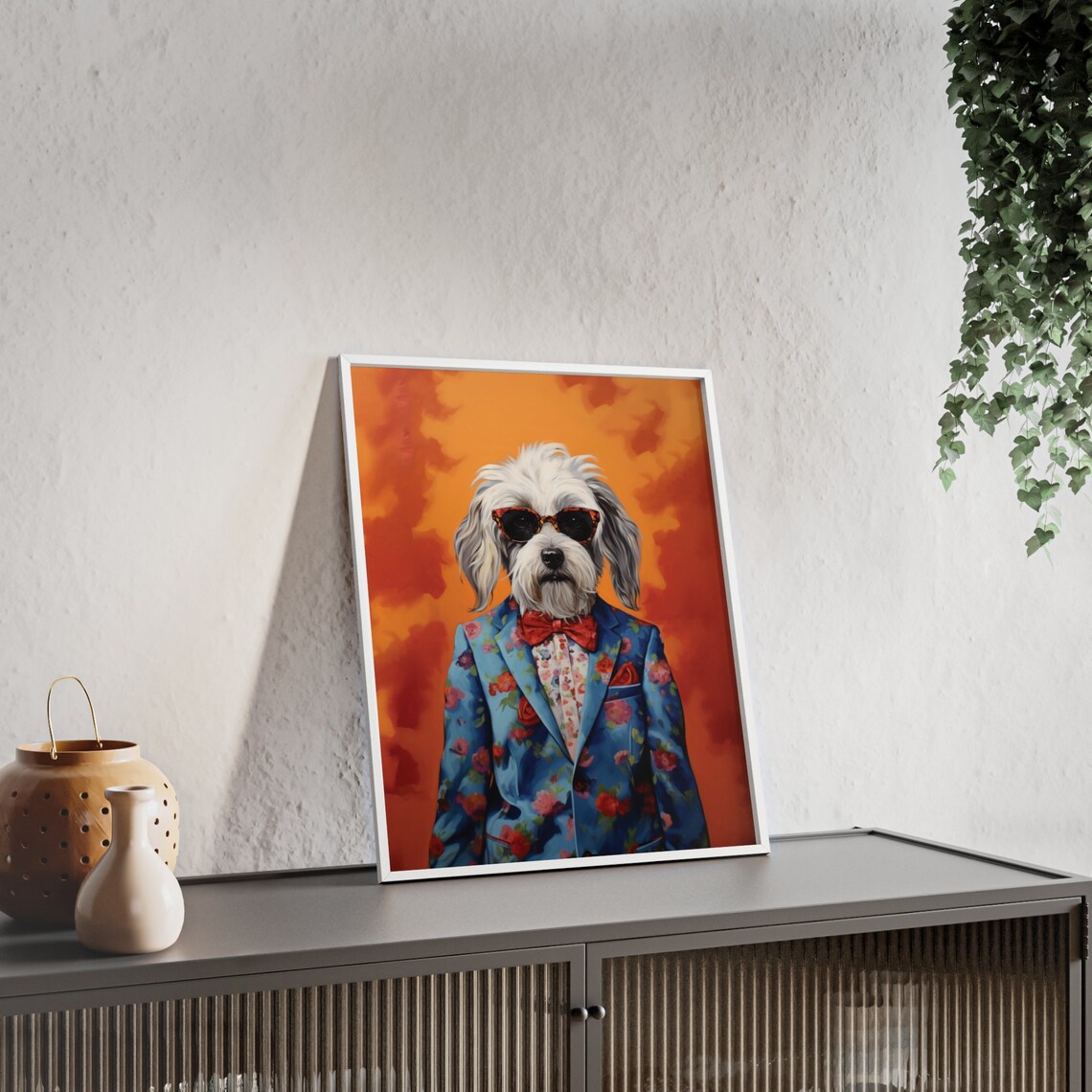 Fluffy Havanese Dog in a Floral Suit with Red Bow Tie Poster - Image 2