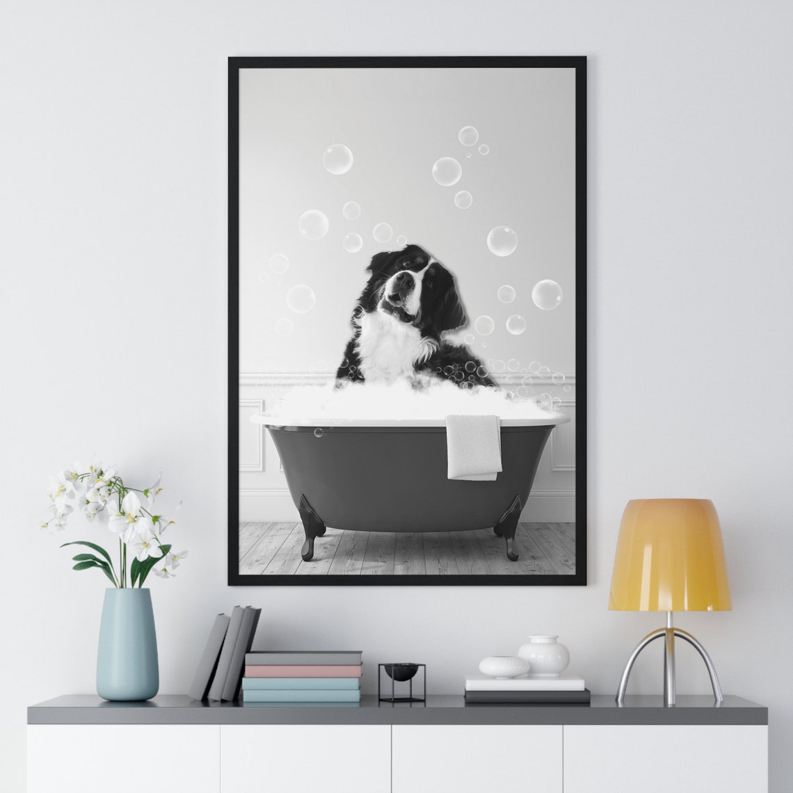 Bernese Mountain Dog in a Bubble Bath Funny Black and White Poster - Image 2