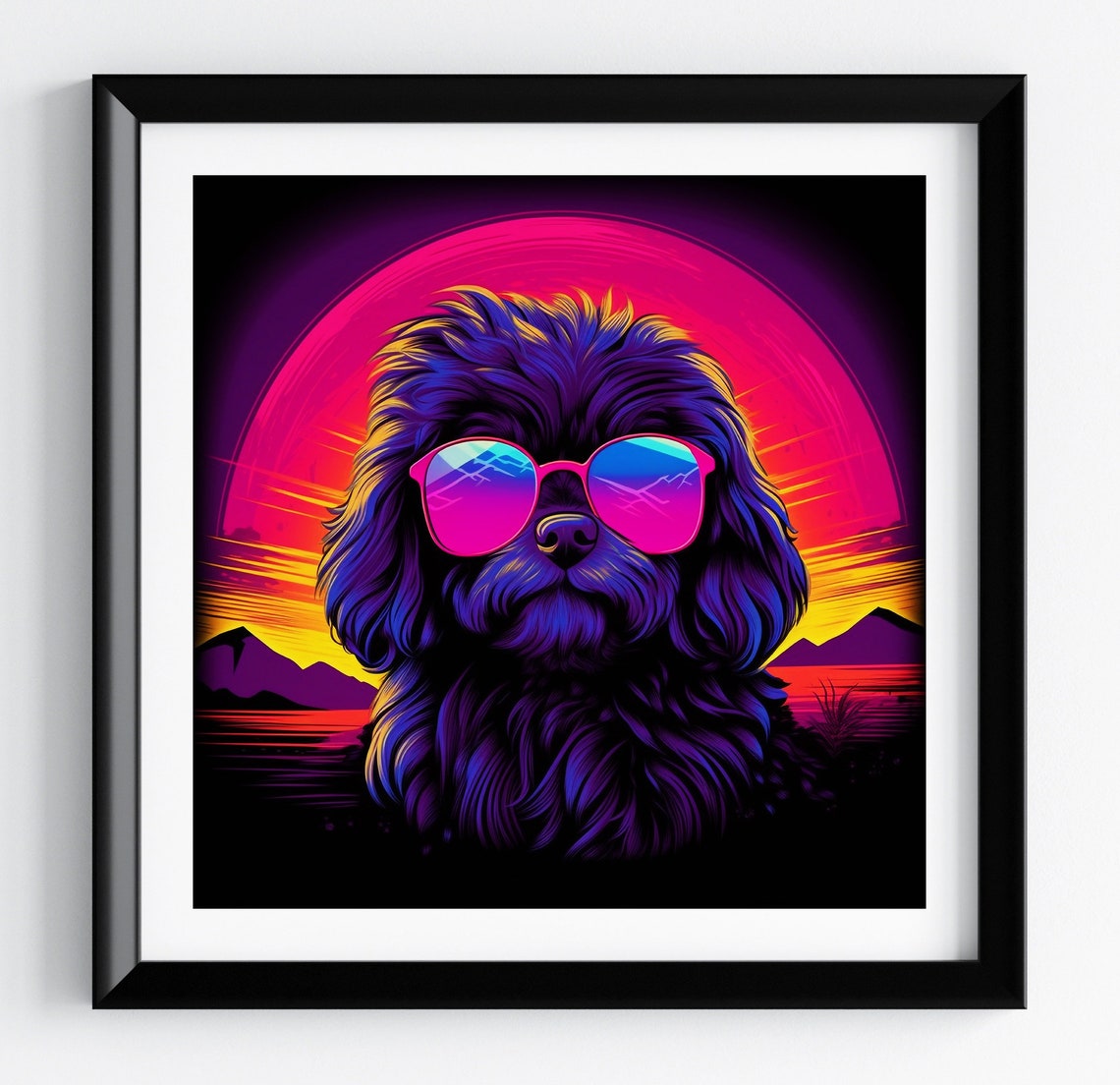 Havanese Neon Pink Sun Mountain Sunset Retro Dog Portrait Poster