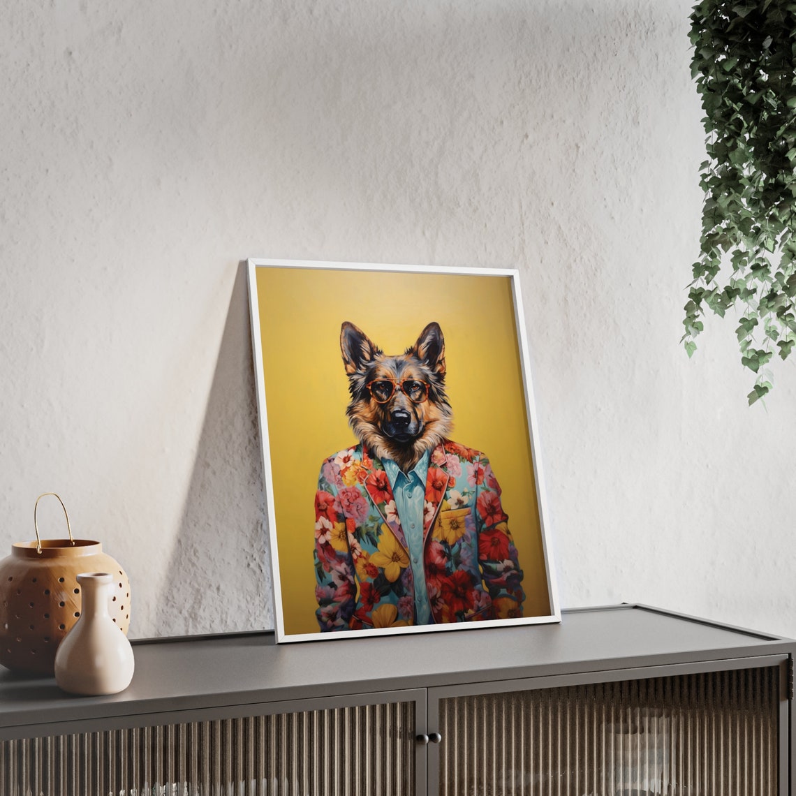 German Shepherd Dog in a Bright Floral Jacket Fashion Portrait Poster - Image 2