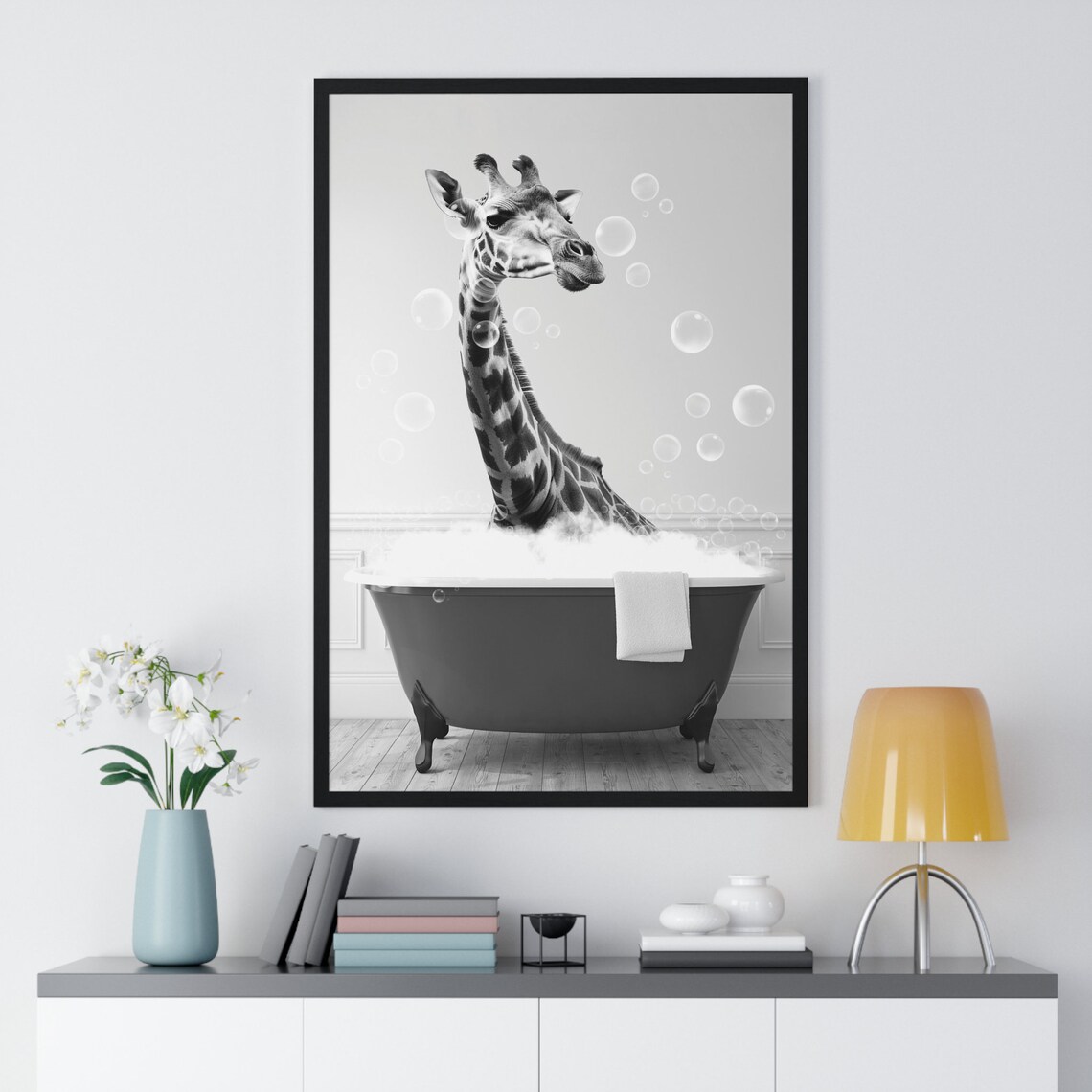 Giraffe In Bubble Bath Clawfoot Tub Funny Black And White Bathroom Poster - Image 2