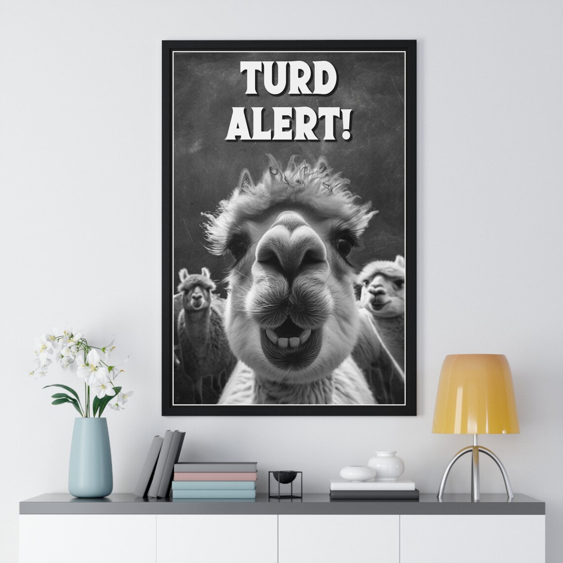 Alpaca Selfie Framed Close-Up Turd Alert Funny Bathroom Quote Poster - Image 2