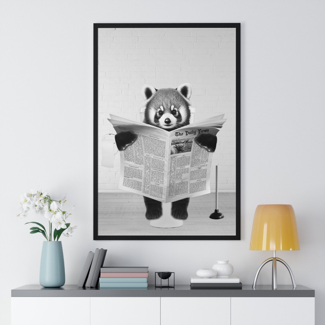 Red Panda Reading Newspaper on a Toilet Funny Bathroom Poster - Image 2
