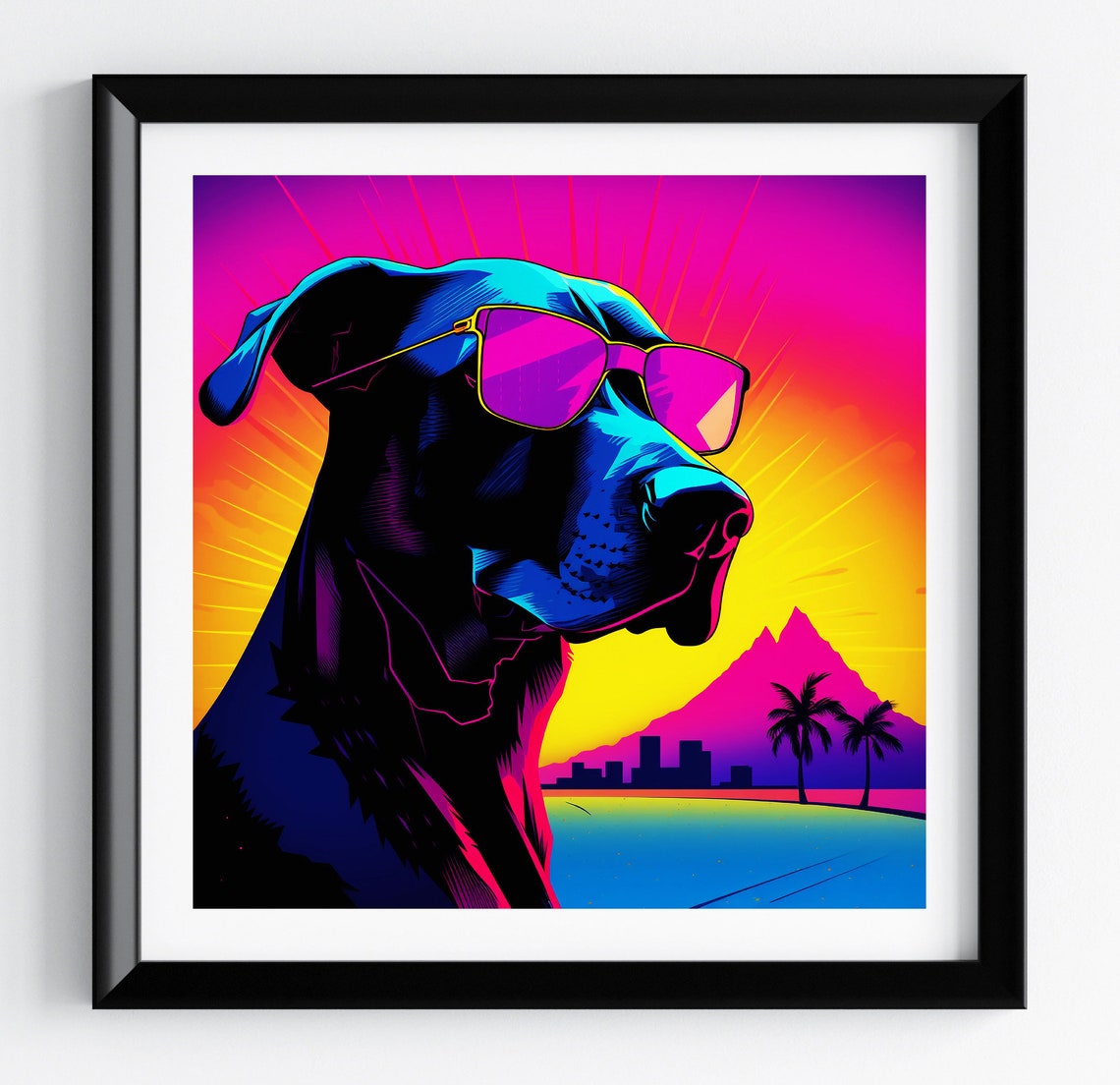 Great Dane Neon Sunburst City Palm Retro Dog Portrait Poster