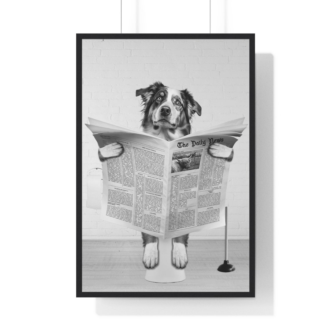 Australian Shepherd Reading Newspaper Funny Bathroom Art Poster