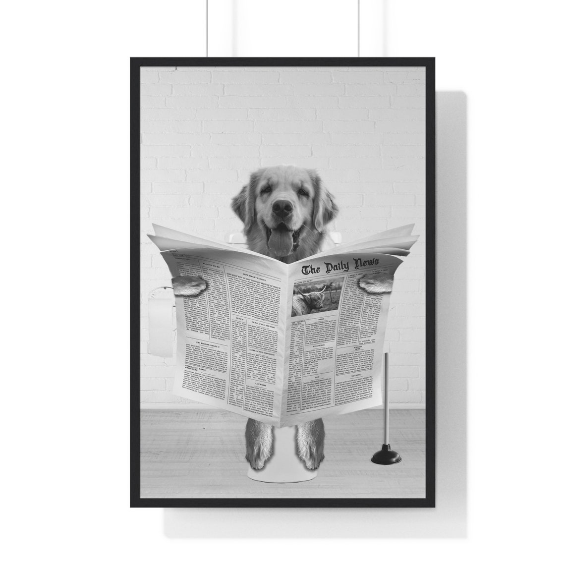 Golden Retriever Reading Newspaper on Toilet Humorous Bathroom Poster