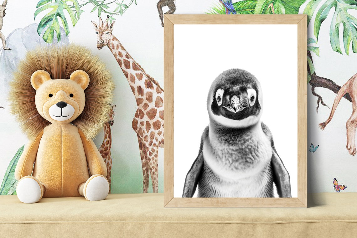 Baby Penguin Chick Portrait in Black and White Nursery Poster