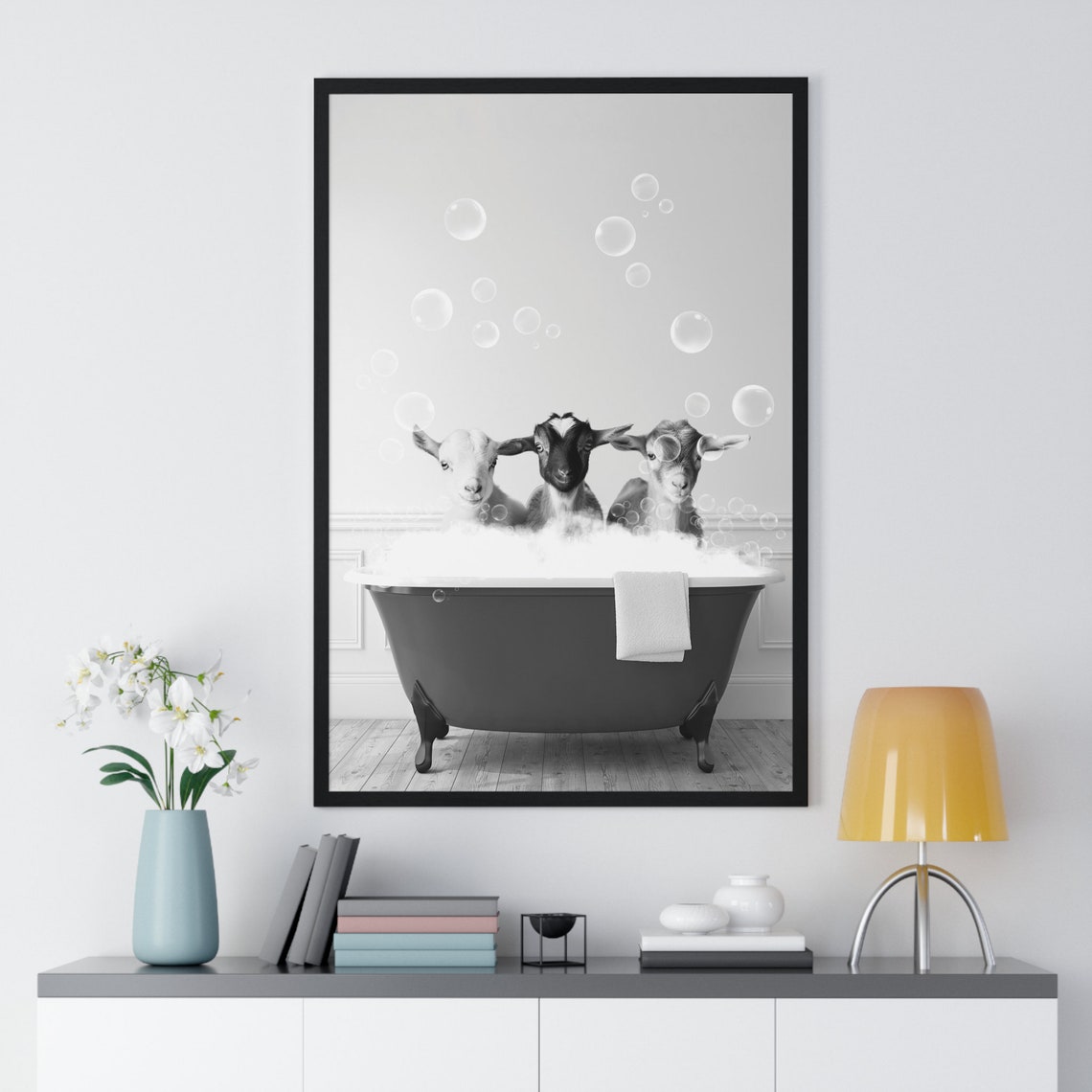 Three Baby Goats in Bubble Bath Black and White Funny Poster - Image 2