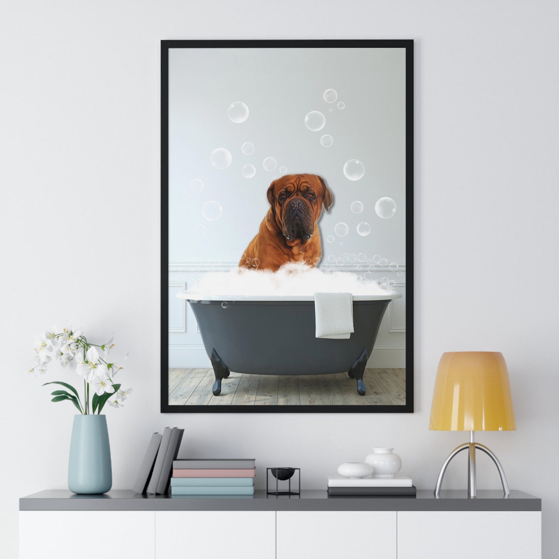 Big French Mastiff in Bubble Bath Funny Dog Bathroom Art Poster - Image 2