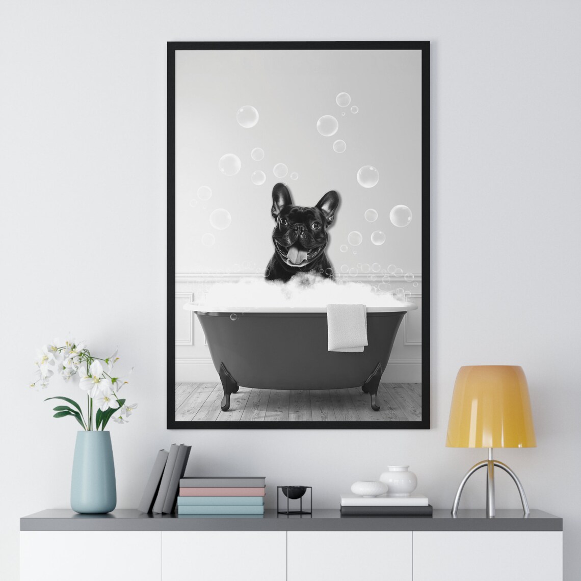 French Bulldog Relaxing in Bubble Bath Tub Funny Bathroom Poster - Image 2