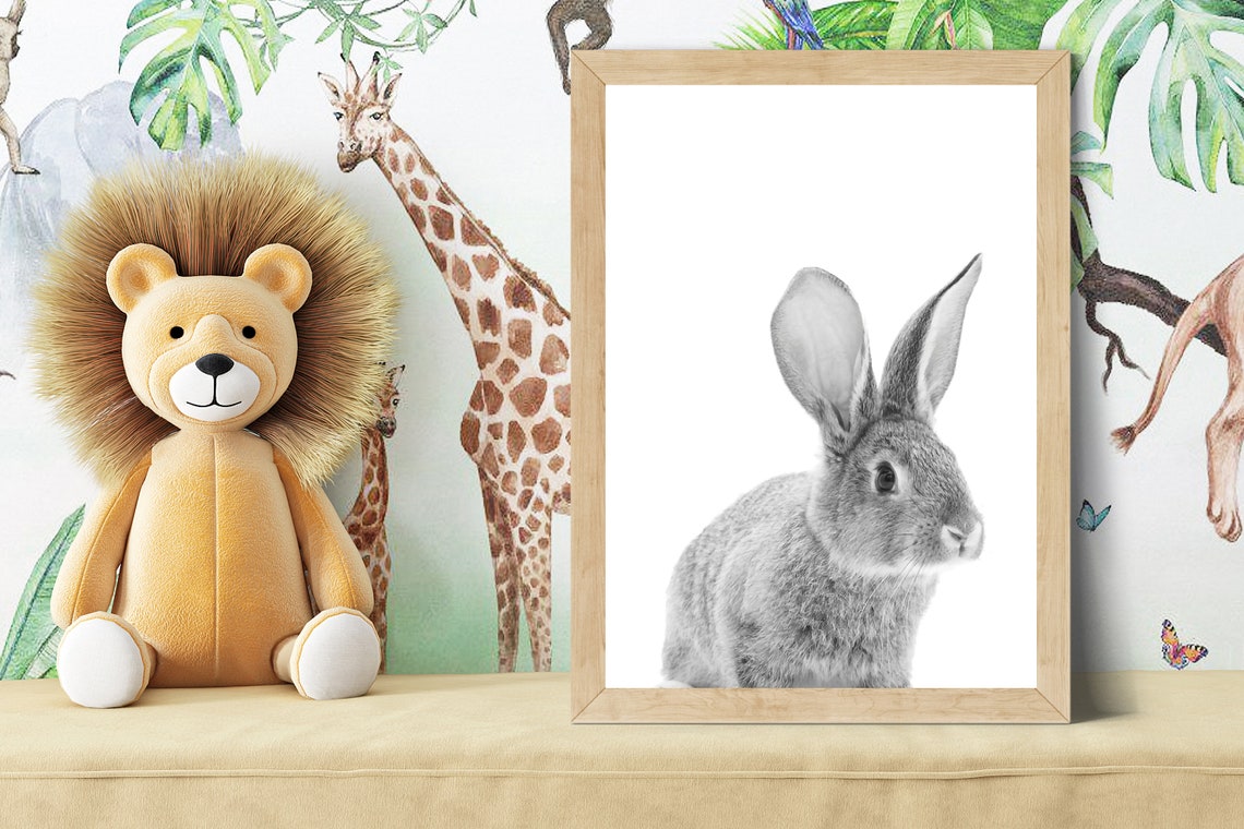 Cute Gray Bunny Portrait in Black and White Nursery Style Poster