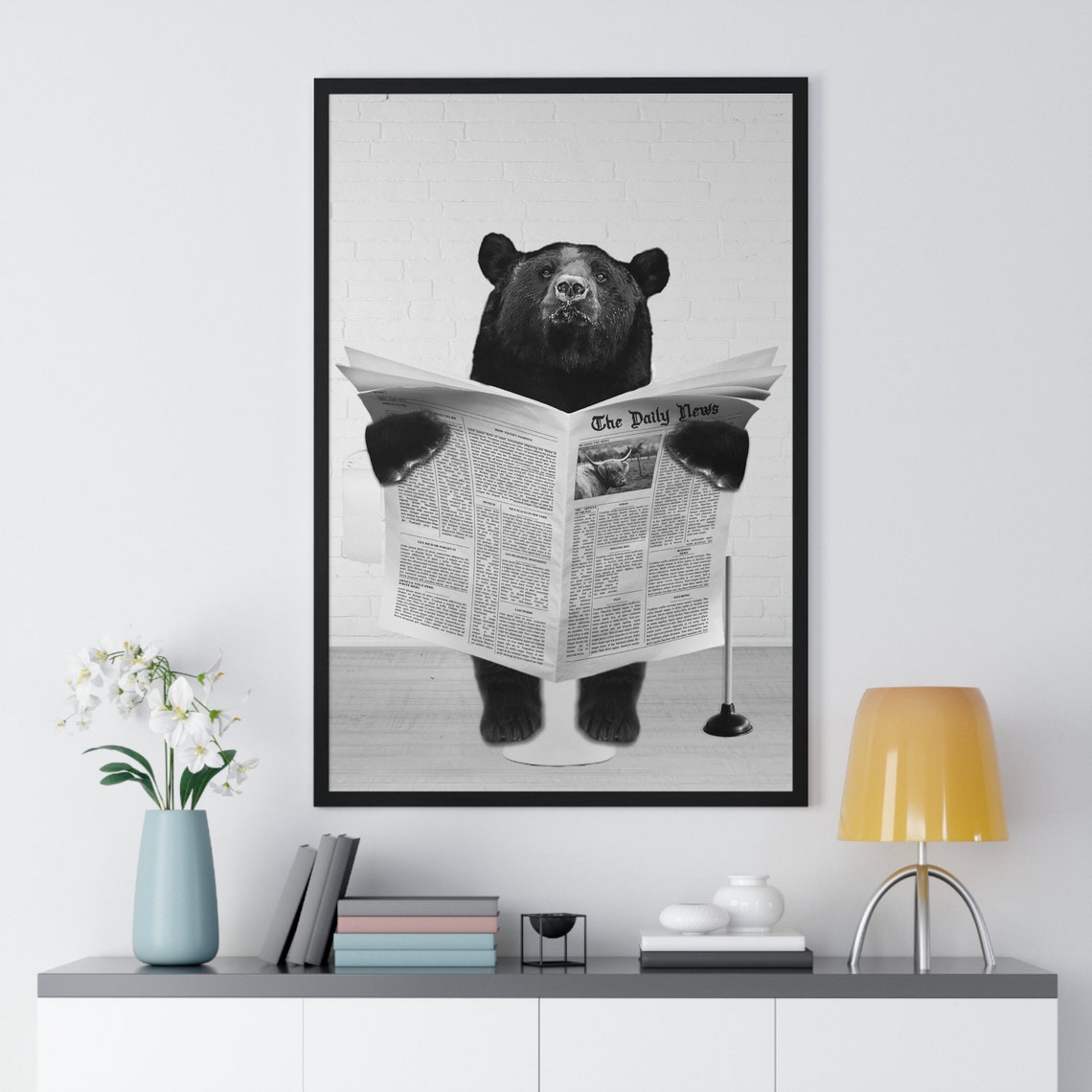 Black Bear Reading Newspaper While Sitting On Toilet Funny Poster - Image 2