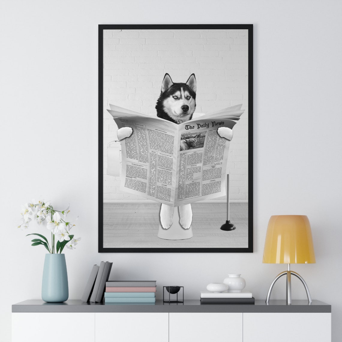 Siberian Husky Reading Newspaper on Toilet Funny Bathroom Poster - Image 2