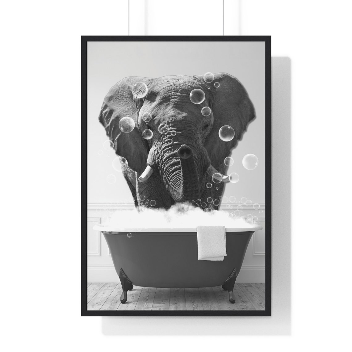 Elephant in Bubble Bath Black and White Funny Animal Art Poster