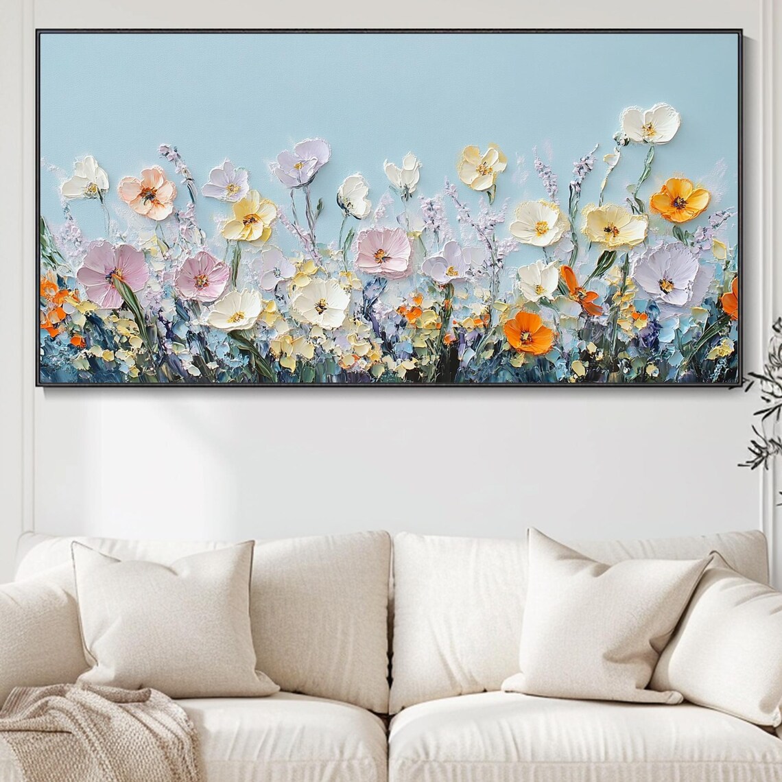 Pastel Wildflower Meadow Soft Blue Sky Panoramic Painting Wall Poster