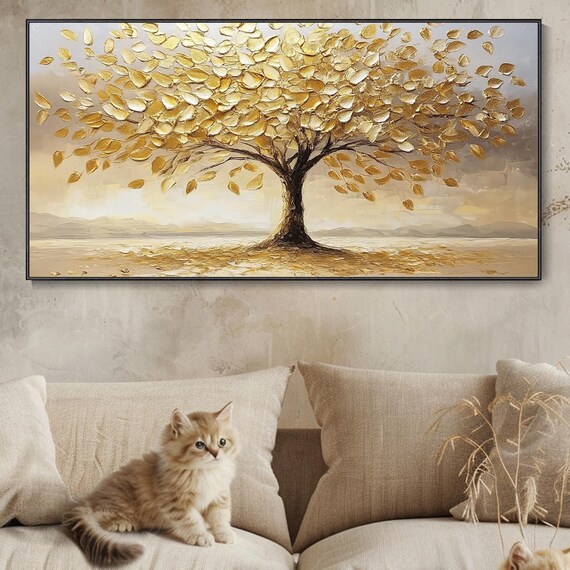 On 3d Textured Wall Art Gold Foil Painting Golden Tree Painting Colorful Night Sky Painting Statement Living Room Wall Decor
