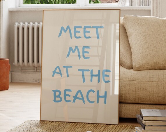 Meet Me At The Beach Bold Blue Brush Lettering Coastal Poster