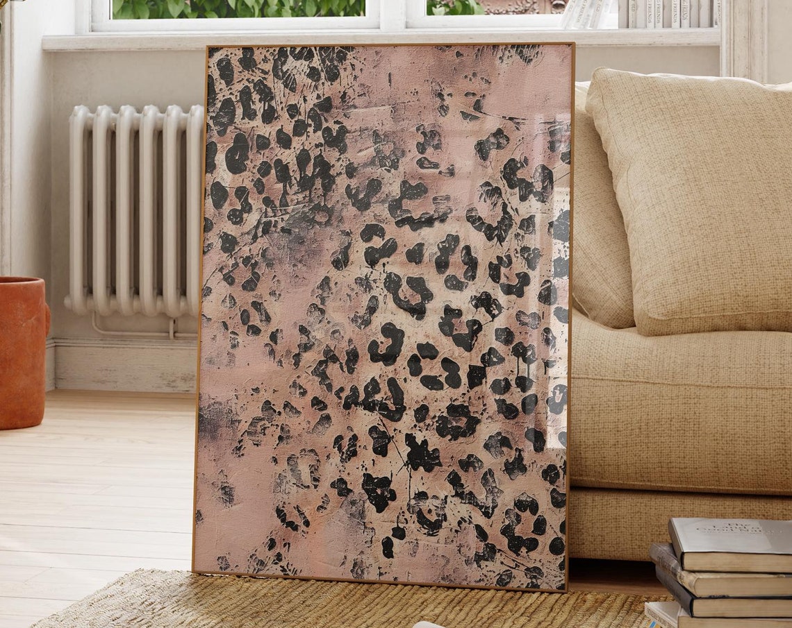 Bold Black Leopard Spots Over Blush Pink Textured Canvas Art Print