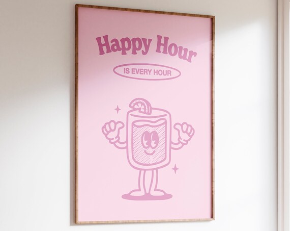Happy Hour Printable Wall Art Retro Pink Poster Cute Bar Wall Decor Vintage Inspired Drink Poster Printable Wall Art Retro Wall Art