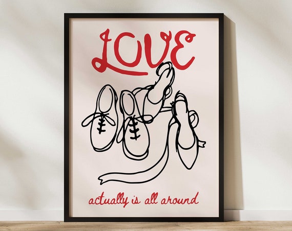 Love Actually Is All Around Two Shoes Red Pink Preppy Print Girly Trendy Decor Poster Retro Wall Art Sign Couples Lovers Cute Gift Ideas